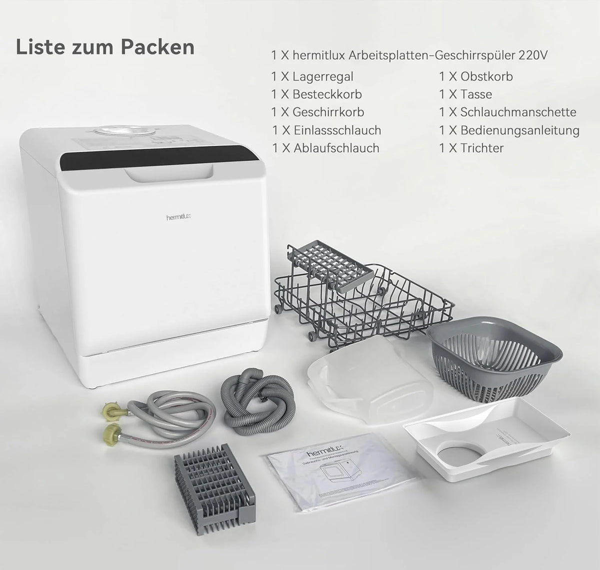 Lavavajillas mini Hermitlux 2026, lavavajillas para 4 juegos de cubiertos, depósito de agua de 5 litros, 6 programas, mini lavavajillas de sobremesa, perfecto para apartamentos, residencias de estudiantes y camping, color blanco.