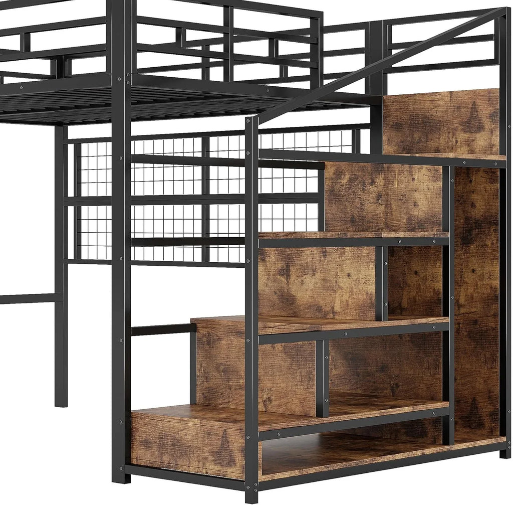 2026 Cama alta (140 x 200 cm), marco de hierro, armario, escalera de almacenamiento, rejilla para colgar objetos, espacio libre debajo de la cama, luces LED de 7 colores, sin colchón, color negro