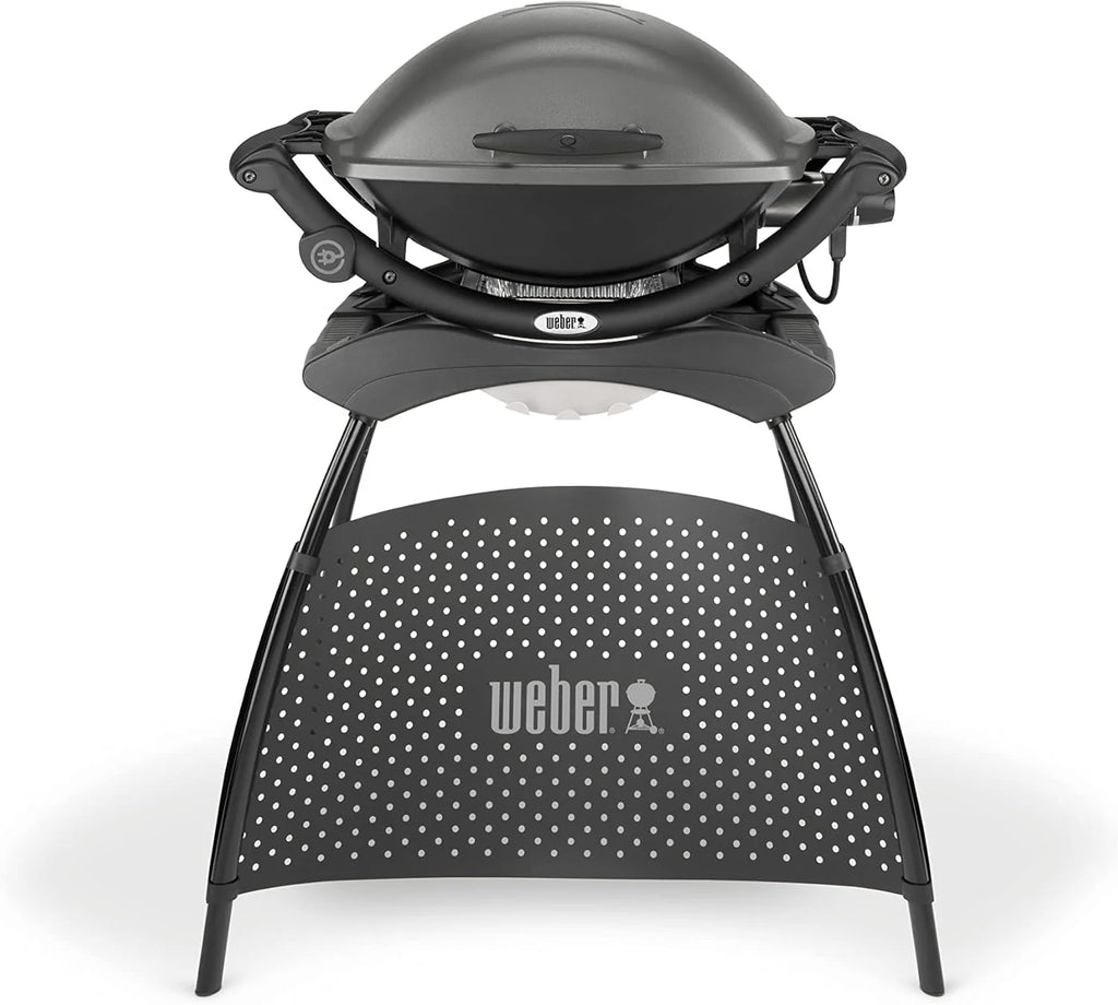 Parrilla eléctrica Weber Q2400 de 2026 con soporte y mesas laterales, superficie de cocción de 54 x 39 cm, portátil, rejilla de cocción de hierro fundido esmaltado en porcelana de 2 piezas, tapa y carcasa de aluminio fundido – Gris oscuro (55020879)