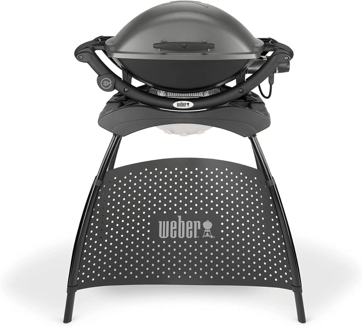 Parrilla eléctrica Weber Q2400 de 2026 con soporte y mesas laterales, superficie de cocción de 54 x 39 cm, portátil, rejilla de cocción de hierro fundido esmaltado en porcelana de 2 piezas, tapa y carcasa de aluminio fundido – Gris oscuro (55020879)
