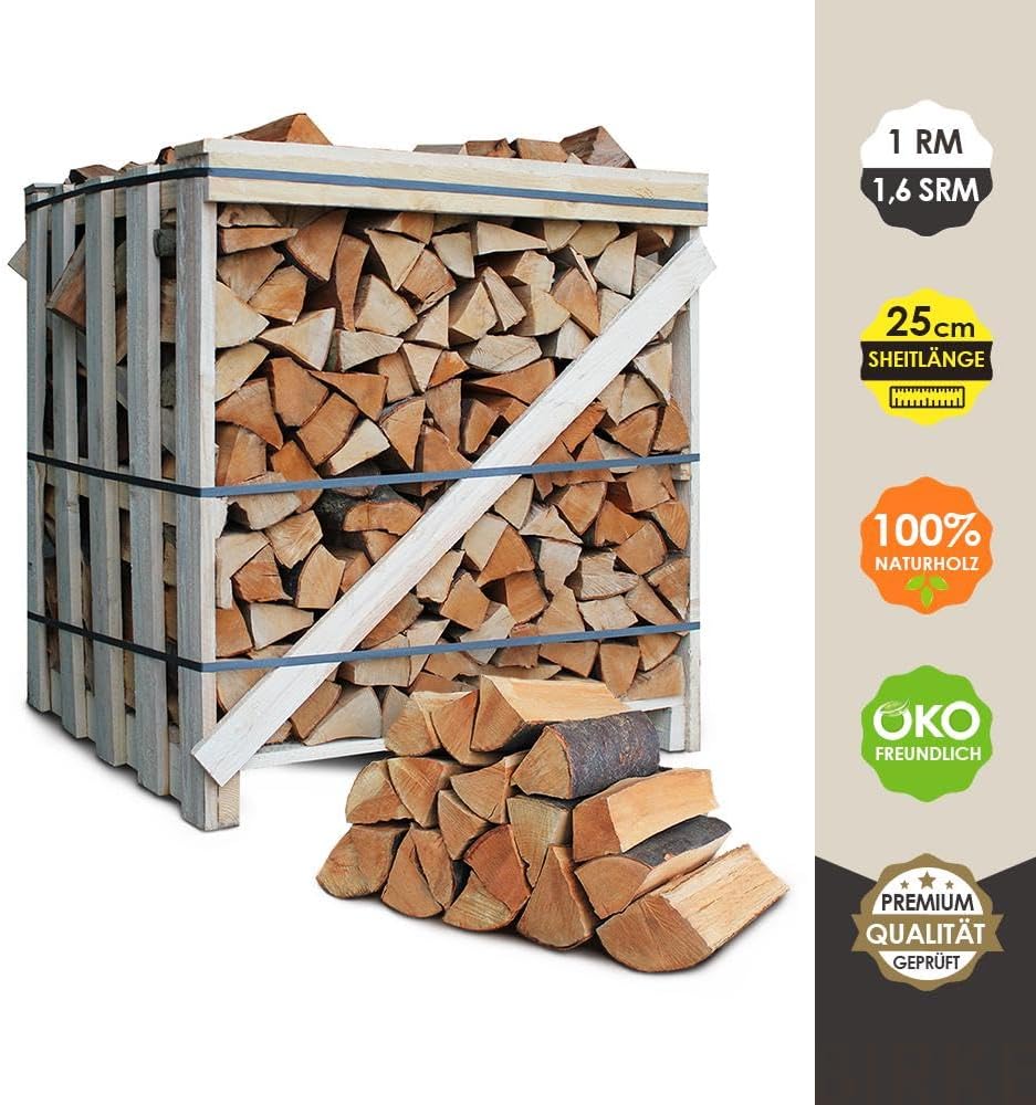 Leña de haya JSM 2026 – Longitud del tronco 25 cm / 33 cm – 1,6 SRM / 1RM – 1 palé – para chimenea, estufa, parrilla, ahumador (longitud del tronco 25 cm)