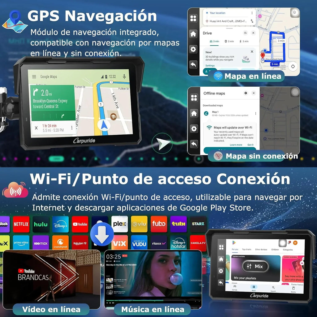 2026 Carpuride W702 Plus Android 14 Motocicleta Carplay Pantalla con Doble Cámara, CarPlay y Android Auto Inalámbricos,7" Pantalla Táctil Impermeable, Audio BT,Grabación Bucle, Navegación Online y Offline.
