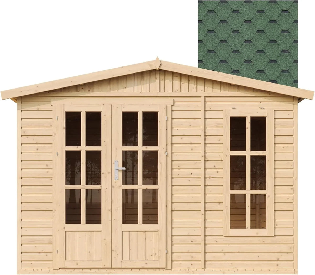 2026 TIMBELA Caseta de jardín de Madera de 6 m2 – Cobertizo Jardin Exterior con Suelo, Ventana, Puerta Doble – Cabaña de jardín para Trabajar en casa – con Tejas bituminosas Verde M334FB+H334FBGREEN