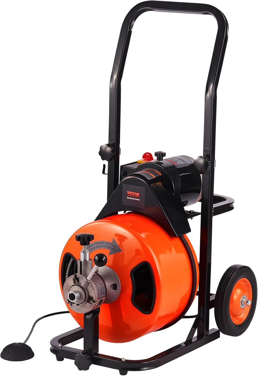 2026 Drain Cleaner Machine 100FT x 1/2Inch, Auto Feed Sewer Snake Auger with 4 Cutter & Air-activated Foot Switch for 1" to 4" Pipes, Orange, Black