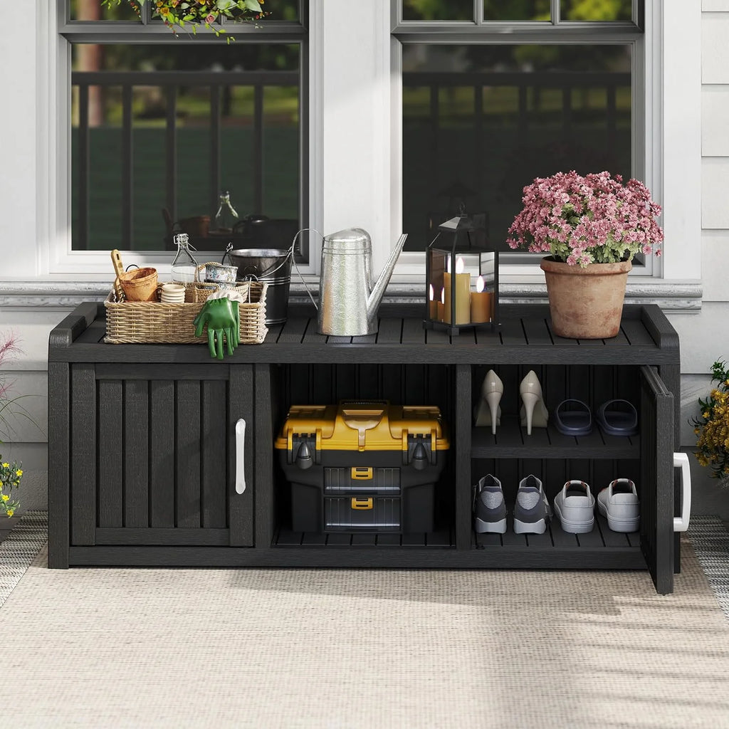 2026 KAMABOKO Outdoor Shoe Storage Cabinet, Waterproof UV-Resistant Entryway Storage Bench Indoor Outdoor with 2 Barn Doors, Adjustable Shelves for Entryway, Bedroom, Hallway,Living Room(Black)