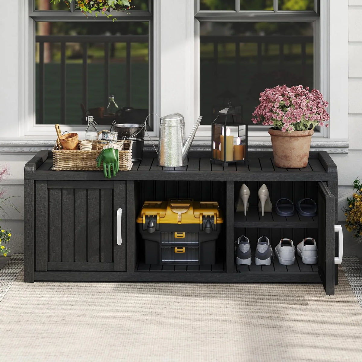 2026 KAMABOKO Outdoor Shoe Storage Cabinet, Waterproof UV-Resistant Entryway Storage Bench Indoor Outdoor with 2 Barn Doors, Adjustable Shelves for Entryway, Bedroom, Hallway,Living Room(Black)