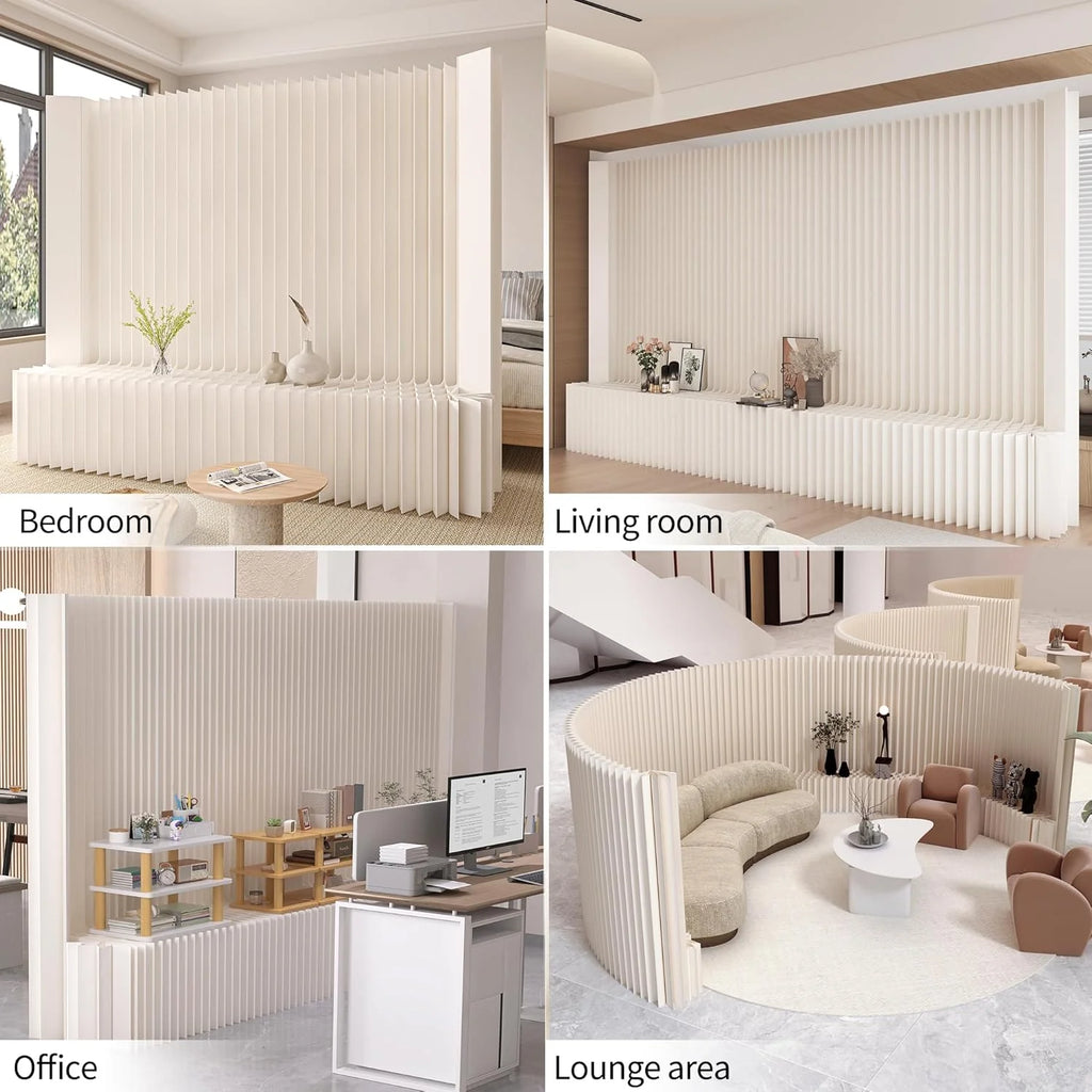 Separador de ambientes plegable 2026 con estante de almacenamiento, mampara de privacidad flexible, ideal para oficina, sala de estar, tiendas, dormitorio, balcón (blanco) (300 x 43 x 200 cm)