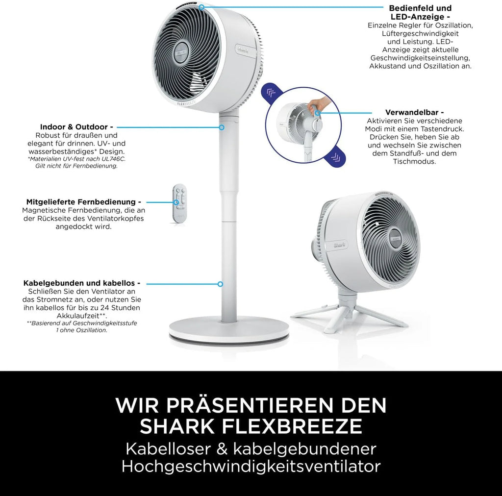 Ventilador Shark FlexBreeze 2026, ventilador híbrido silencioso (con cable e inalámbrico), portátil, para uso en interiores y exteriores, resistente a los rayos UV y al agua, ultra potente, ultra silencioso, blanco FA220EU