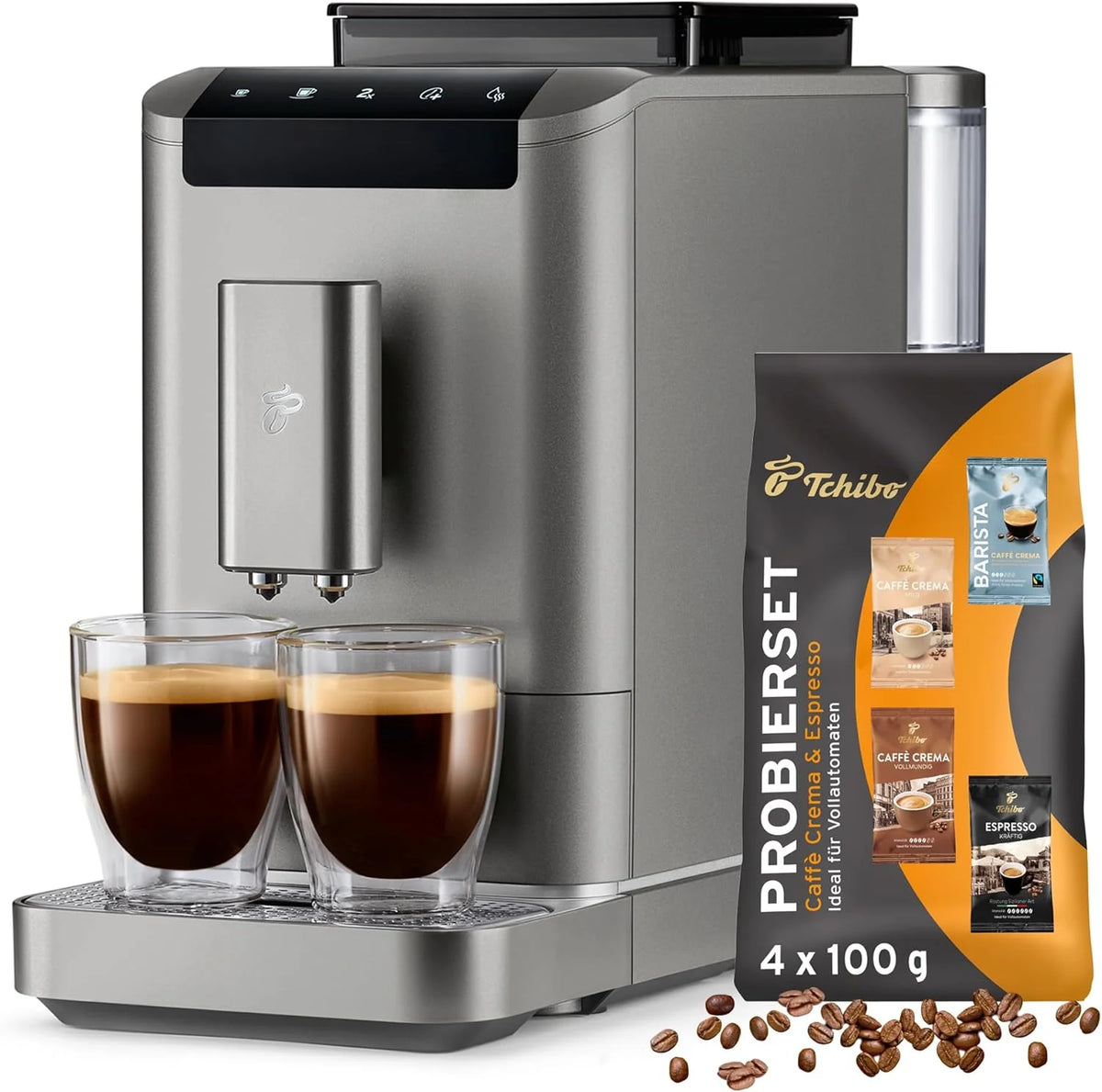 Cafetera automática Tchibo Esperto2 Caffè 2026 con función para 2 tazas (café crema y espresso), color negro granito. INCLUYE un kit de degustación de café GRATIS.