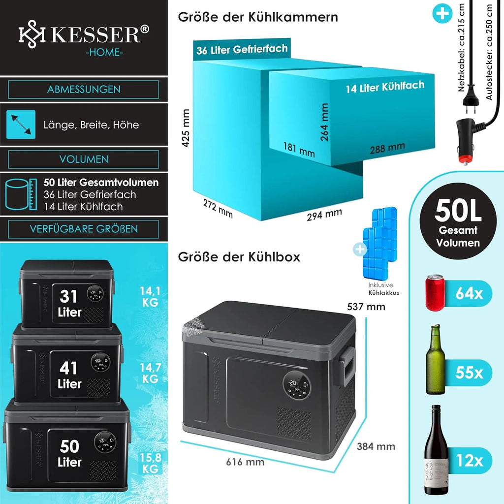 Nevera portátil KESSER 2026 con compresor, 2 en 1, doble zona de refrigeración y congelación, con congelador eléctrico, 2 acumuladores de frío y control táctil LED | Refrigerador con capacidad de enfriamiento hasta – 20 °C para camping, coche y