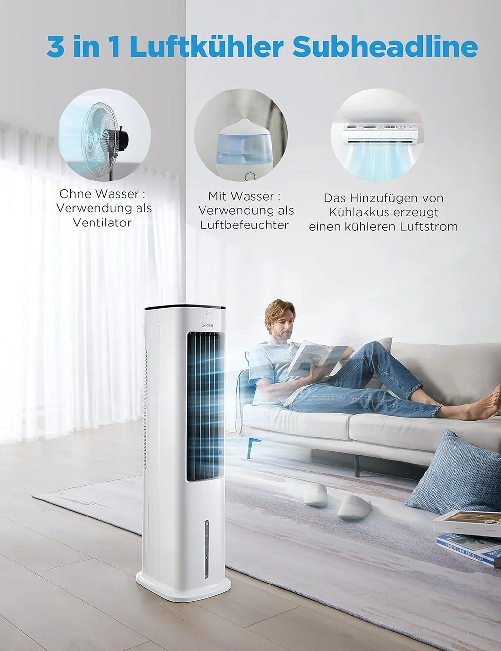 Enfriador de aire Midea 2026 con refrigeración por agua, aire acondicionado portátil, ventilador con 5 litros de refrigeración por agua, humidificador e ionizador, aire acondicionado sin tubo de escape, 355 m³/h, ventilador con control remoto, 55 W