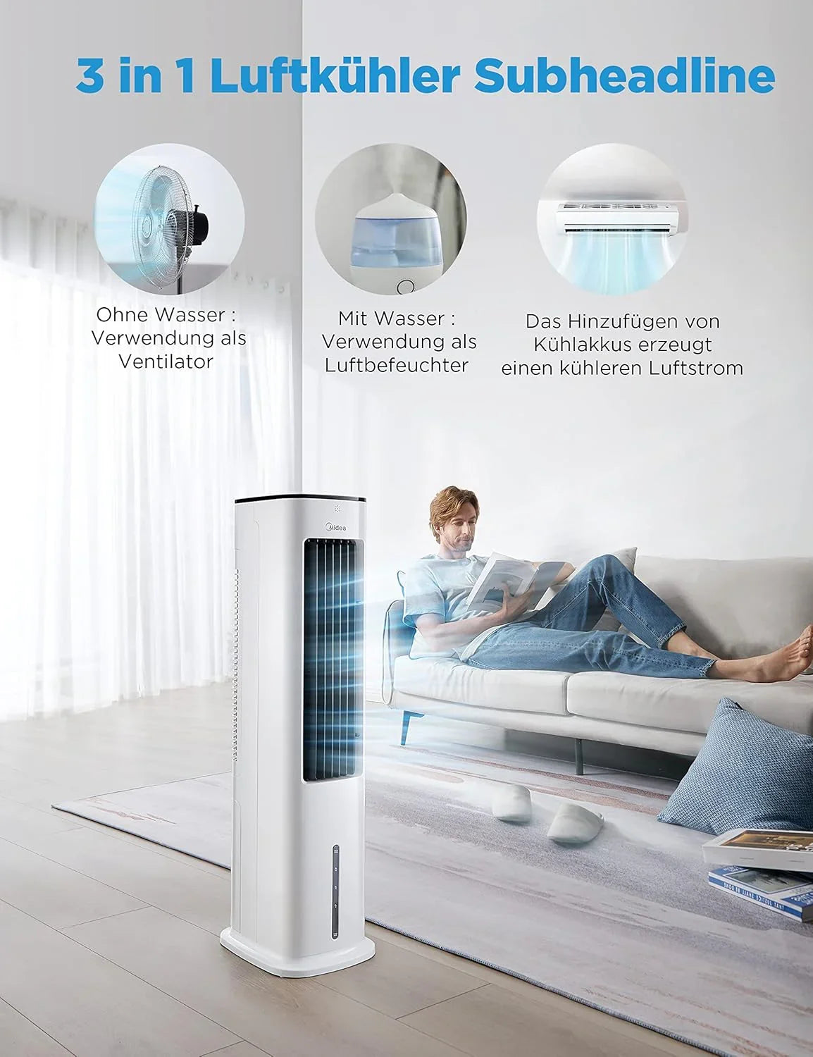 Enfriador de aire Midea 2026 con refrigeración por agua, aire acondicionado portátil, ventilador con 5 litros de refrigeración por agua, humidificador e ionizador, aire acondicionado sin tubo de escape, 355 m³/h, ventilador con control remoto, 55 W