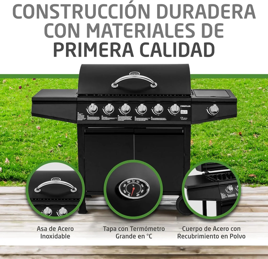 2026 Amig – Barbacoa de gas Fireplus 6+1 de 12,9 kW – Acero inoxidable Negro – Parrilla con ruedas Modelo GRILL – 6F – Barbacoa XXL con carro y termómetro – 138x52x103 cm – 7 quemadores y Bandeja lateral