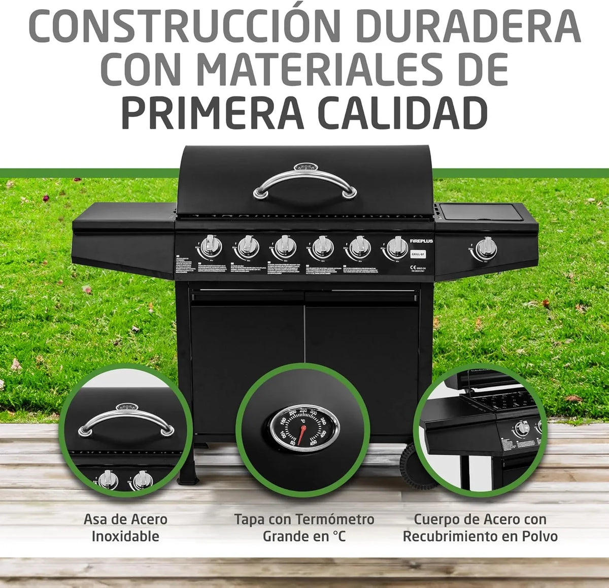 2026 Amig – Barbacoa de gas Fireplus 6+1 de 12,9 kW – Acero inoxidable Negro – Parrilla con ruedas Modelo GRILL – 6F – Barbacoa XXL con carro y termómetro – 138x52x103 cm – 7 quemadores y Bandeja lateral