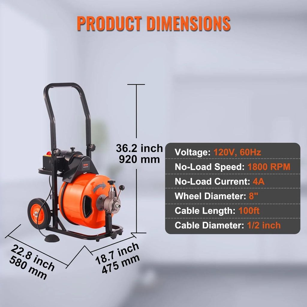 2026 Drain Cleaner Machine 100FT x 1/2Inch, Auto Feed Sewer Snake Auger with 4 Cutter & Air-activated Foot Switch for 1" to 4" Pipes, Orange, Black
