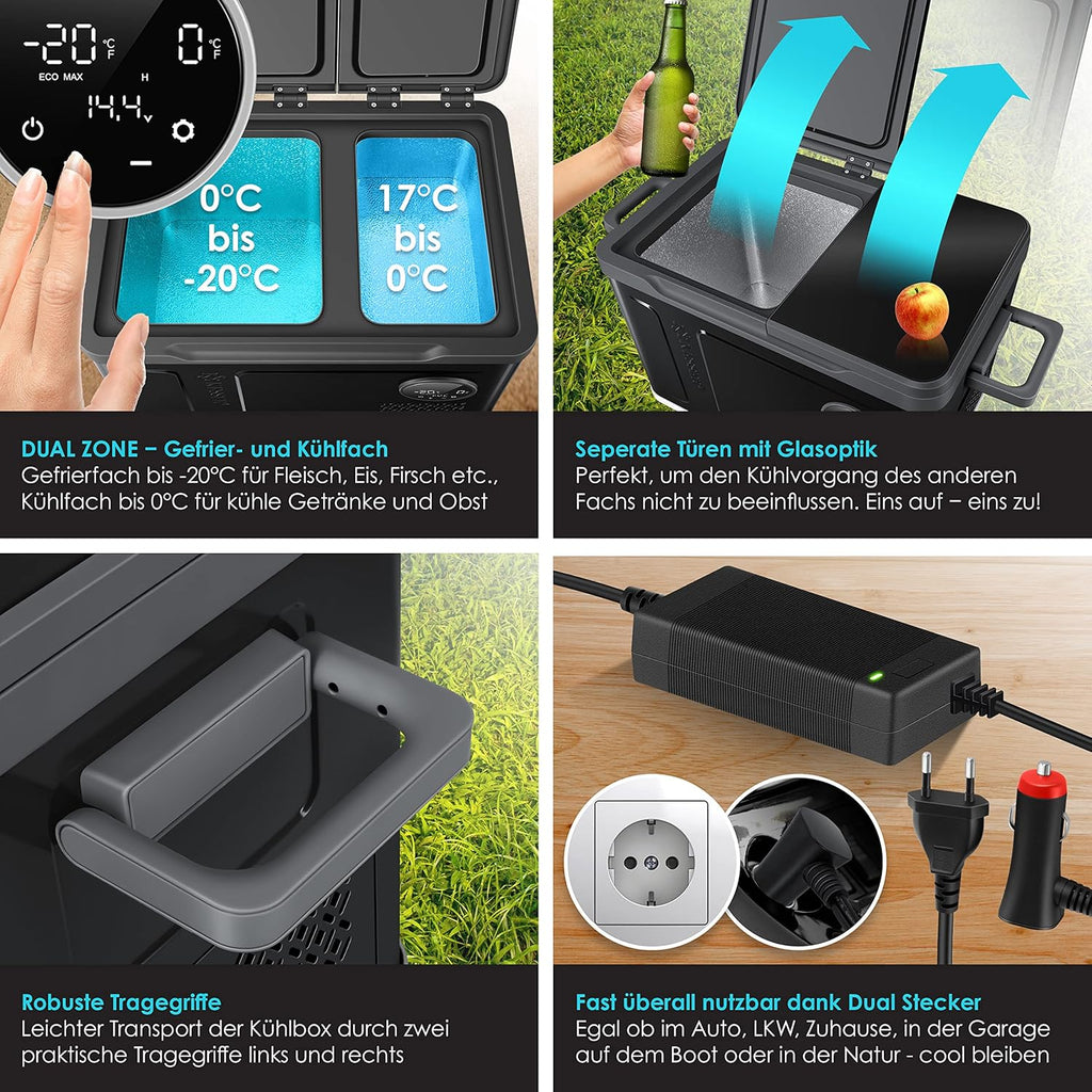 Nevera portátil KESSER 2026 con compresor, 2 en 1, doble zona de refrigeración y congelación, con congelador eléctrico, 2 acumuladores de frío y control táctil LED | Refrigerador con capacidad de enfriamiento hasta – 20 °C para camping, coche y