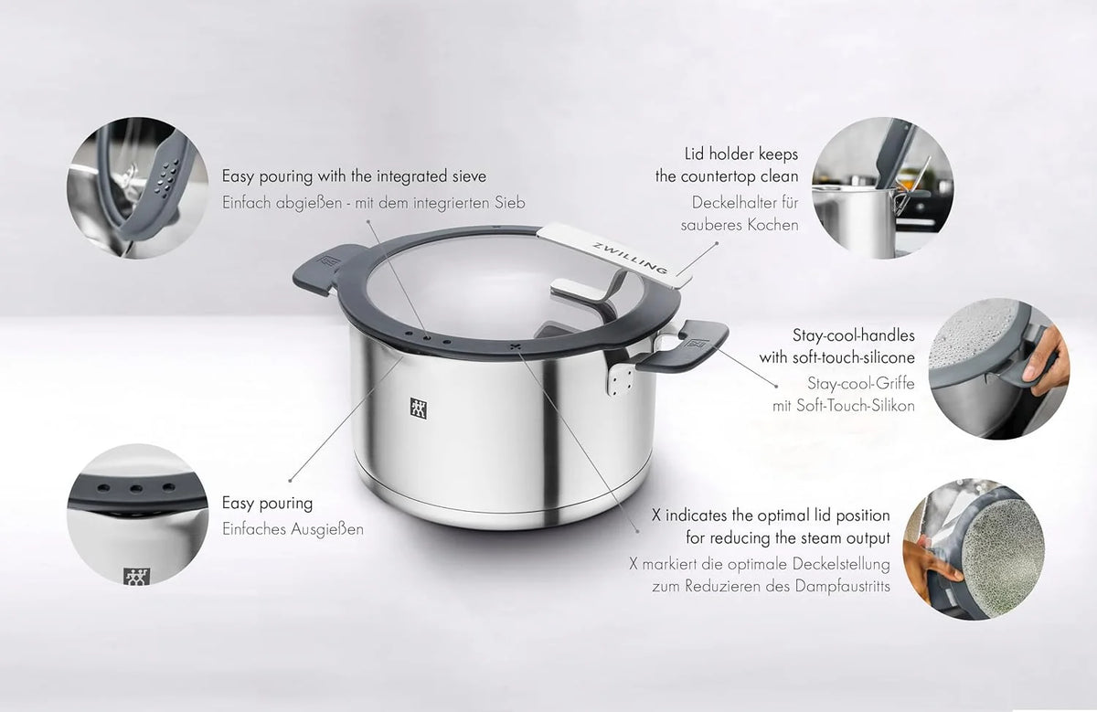 Juego de utensilios de cocina ZWILLING Simplify de 5 piezas, modelo 2026, con boquilla para verter, asas que se mantienen frías, apto para inducción, acero inoxidable, color plata.