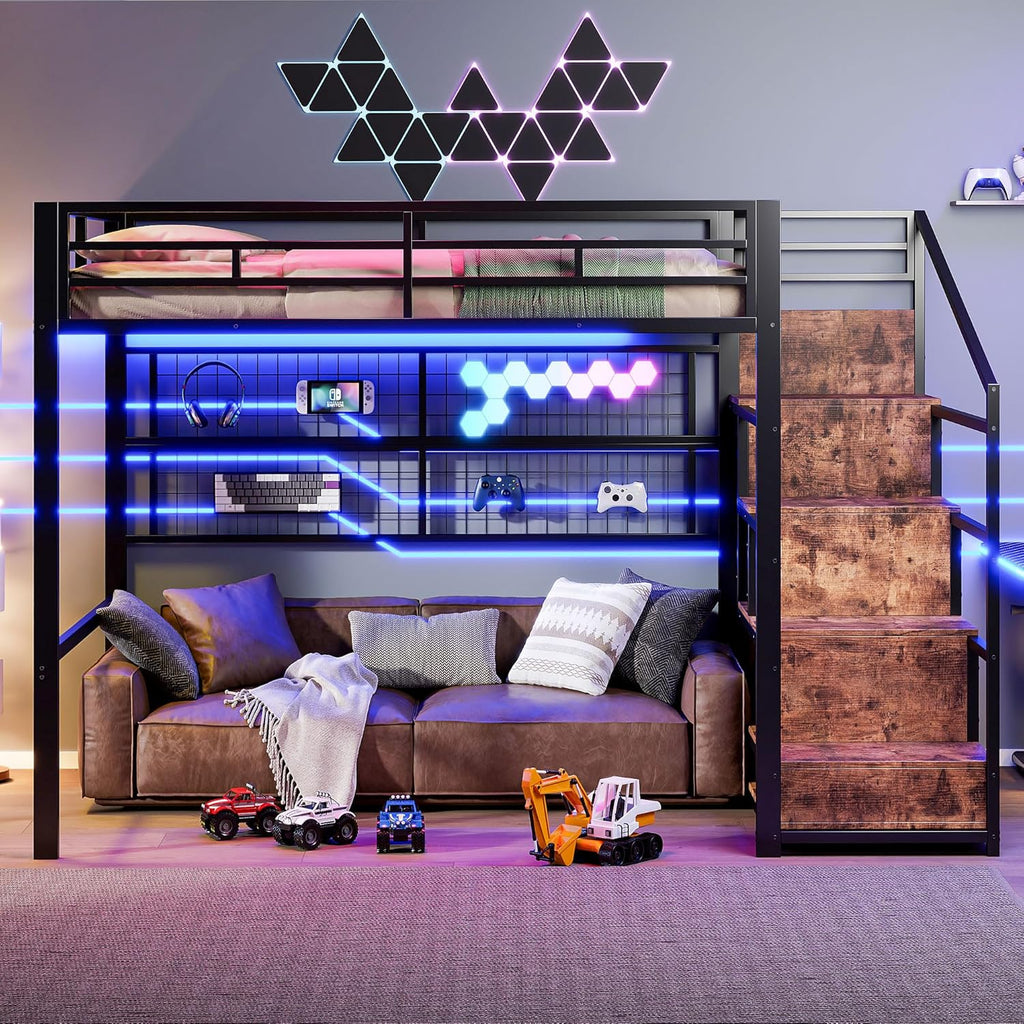 2026 Cama alta (140 x 200 cm), marco de hierro, armario, escalera de almacenamiento, rejilla para colgar objetos, espacio libre debajo de la cama, luces LED de 7 colores, sin colchón, color negro
