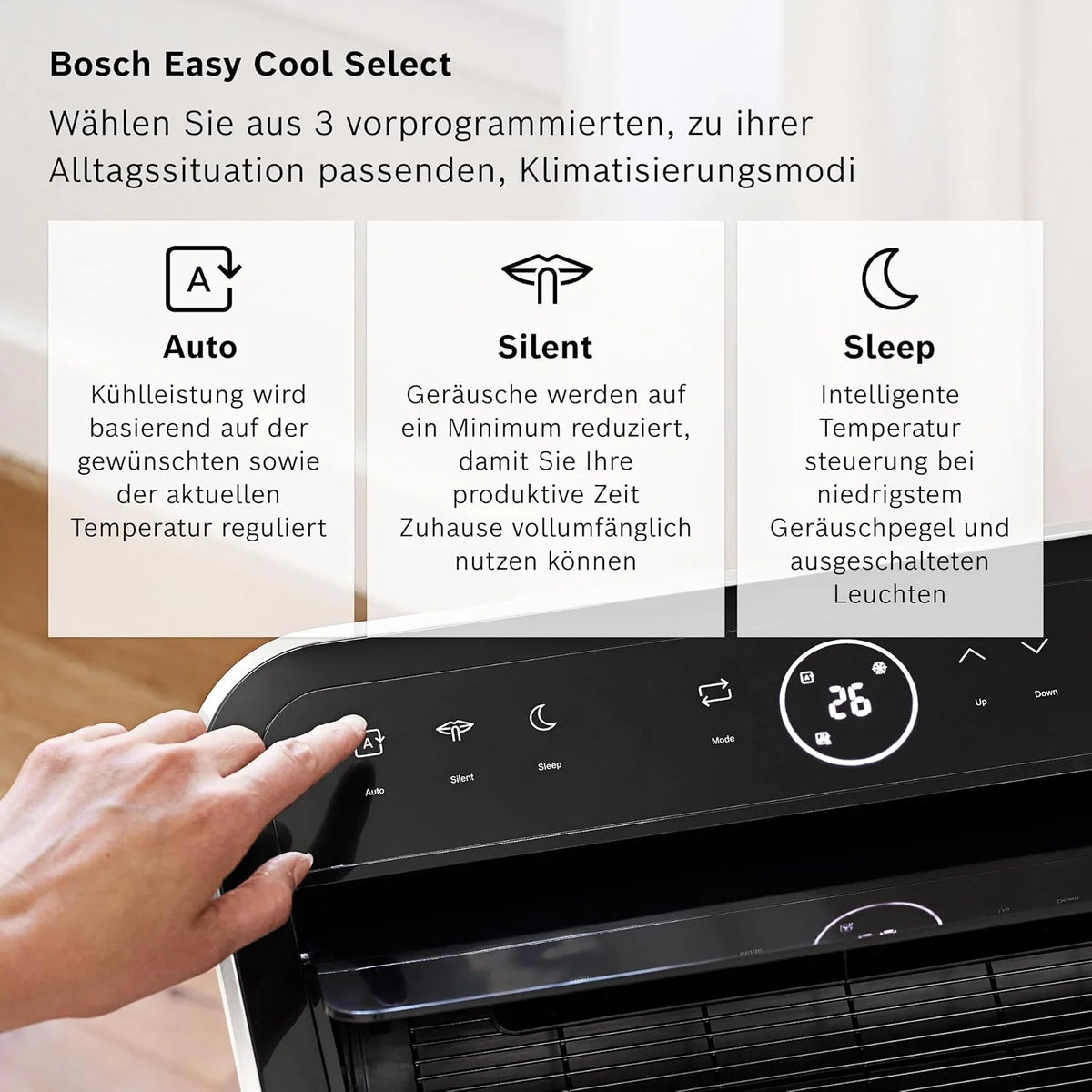 Aire acondicionado portátil Bosch Cool 4000 (modelo 2026) – 3 en 1: Aire acondicionado, deshumidificador y ventilador – 2,6 kW para habitaciones de hasta 35 m² – Con modo automático, modo silencioso y modo reposo.
