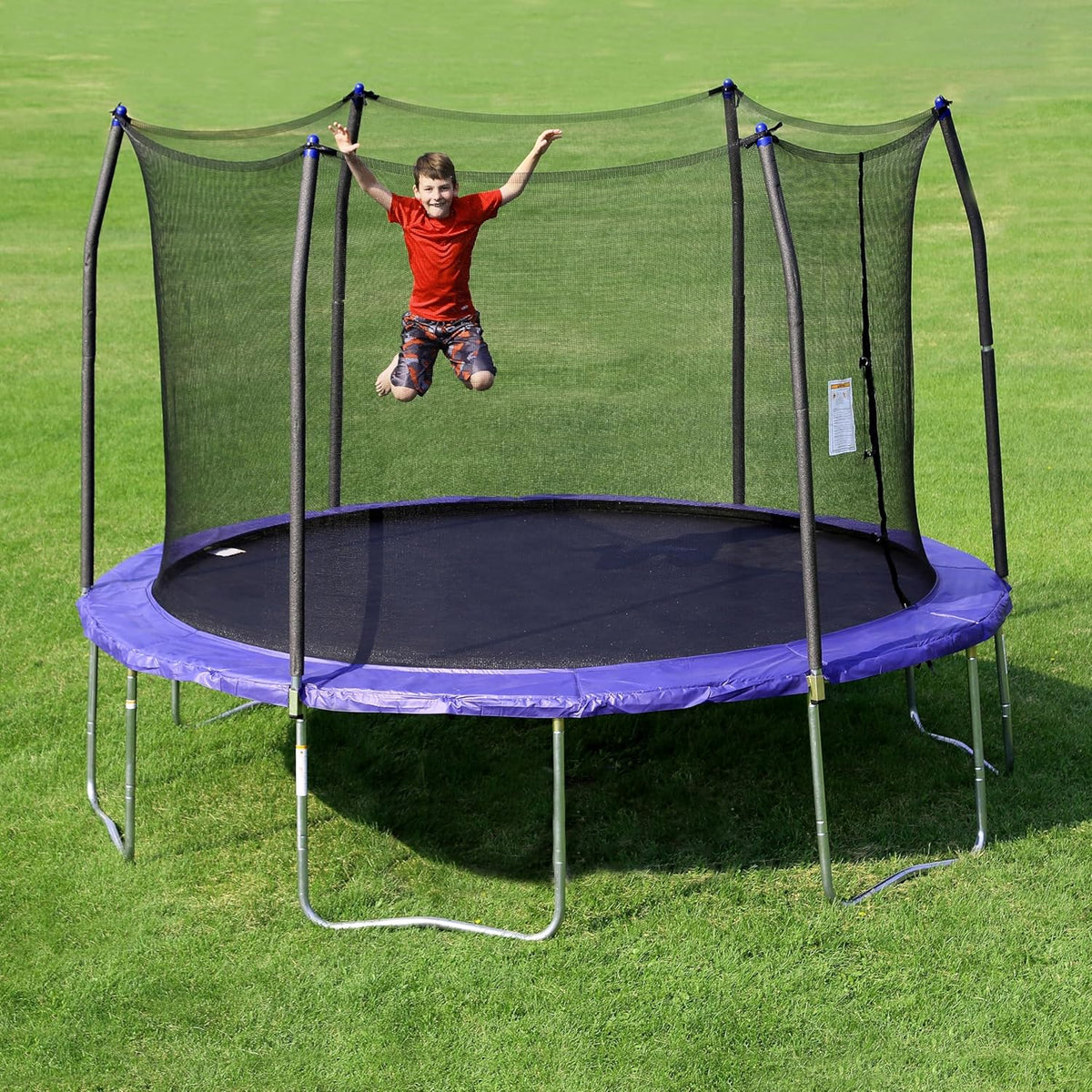2026 A 12-foot-diameter circular trampoline with protective railings, equipped with spring pads