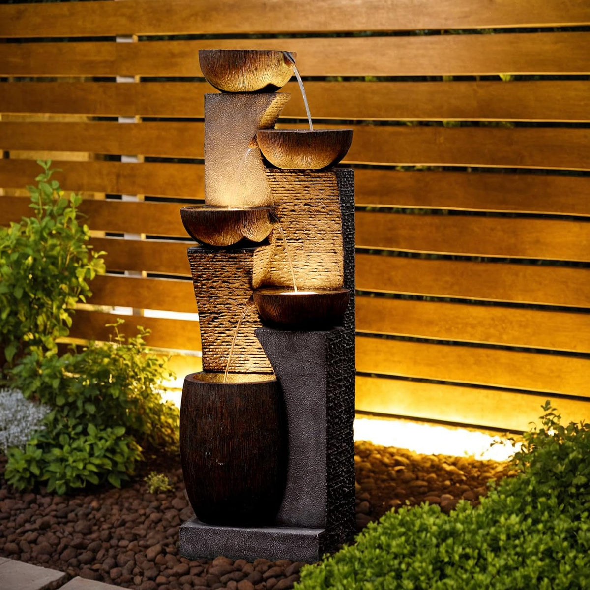Fuente de jardín grande Bumilgar 2026, fuente exterior con iluminación LED, cascada de 5 niveles, ideal para jardín, balcón o terraza, 134 x 46 x 37 cm.