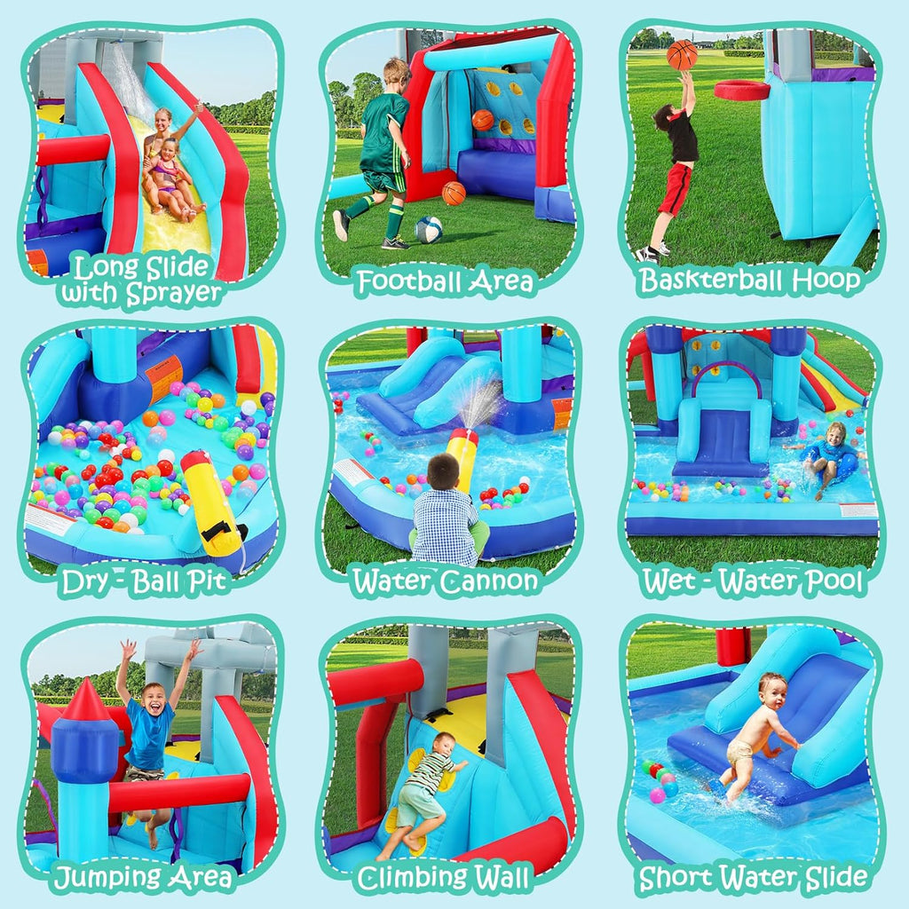 2026 Inflatable Water Slides for Kids 8-in-1 Bounce House Water Park with 450W Blower Climbing Wall, Splash Pool, 2 Water Cannons, Basketball Hoop, Water Slide, Crocodile Sprinkler for Gift Backyard Party
