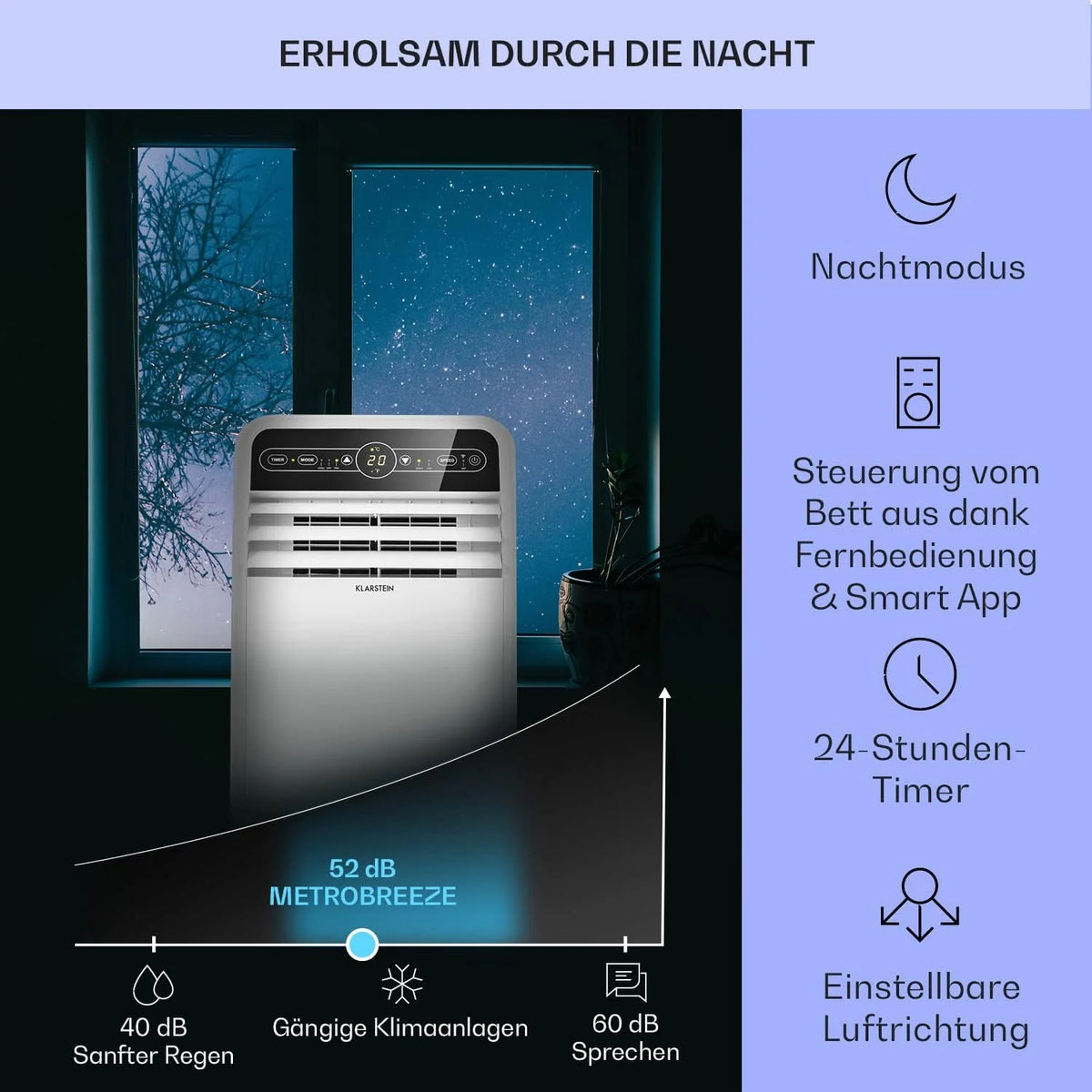 Aire acondicionado móvil Klarstein 2026 con manguera de escape, aire acondicionado 4 en 1 con ventilador, deshumidificador y modo nocturno, aire acondicionado pequeño y portátil para el hogar y la oficina, bajo consumo de energía, 9000 BTU.