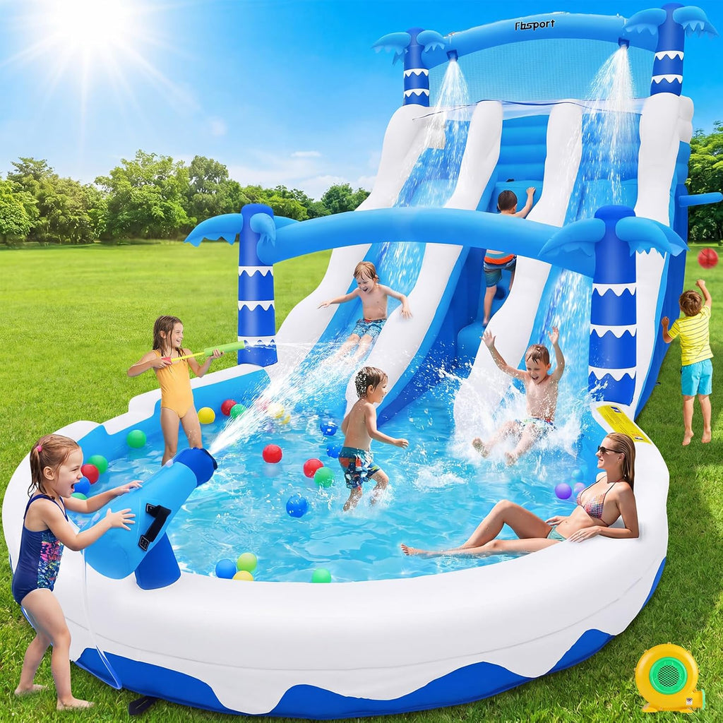Castillo hinchable XXL 2026 con 2 toboganes acuáticos para uso comercial, adultos y niños, hinchable para interiores y exteriores con soplador, tamaño piscina, tobogán, cesta, sistema de aspersores y rocódromo, 630x290x285 cm