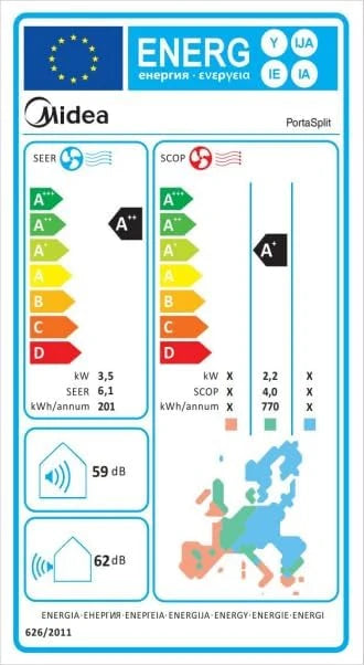 Aire acondicionado Midea Portasplit 2026, bomba de calor portátil, refrigeración A++/calefacción A+, 12000 BTU 3.5kW, para habitaciones de hasta 42 m² / 105 m³, solo 39 dB(A) en modo silencioso.