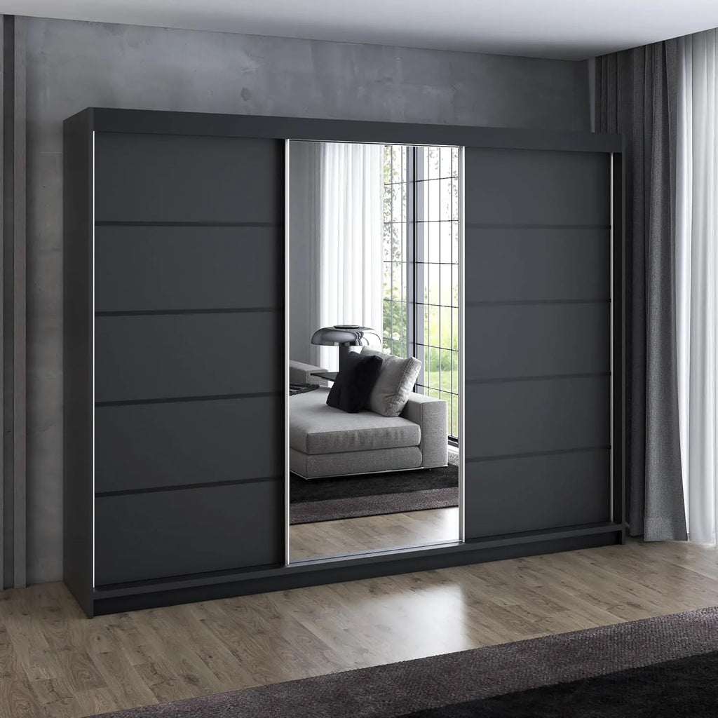 Armario A&J MöbelLand VILUNO 2 de 2026 con puertas correderas, 3 puertas, 200 cm, con espejo, 4 cajones y 2 barras para colgar ropa, amplio armario para dormitorio (negro).