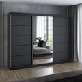 Armario A&J MöbelLand VILUNO 2 de 2026 con puertas correderas, 3 puertas, 200 cm, con espejo, 4 cajones y 2 barras para colgar ropa, amplio armario para dormitorio (negro).