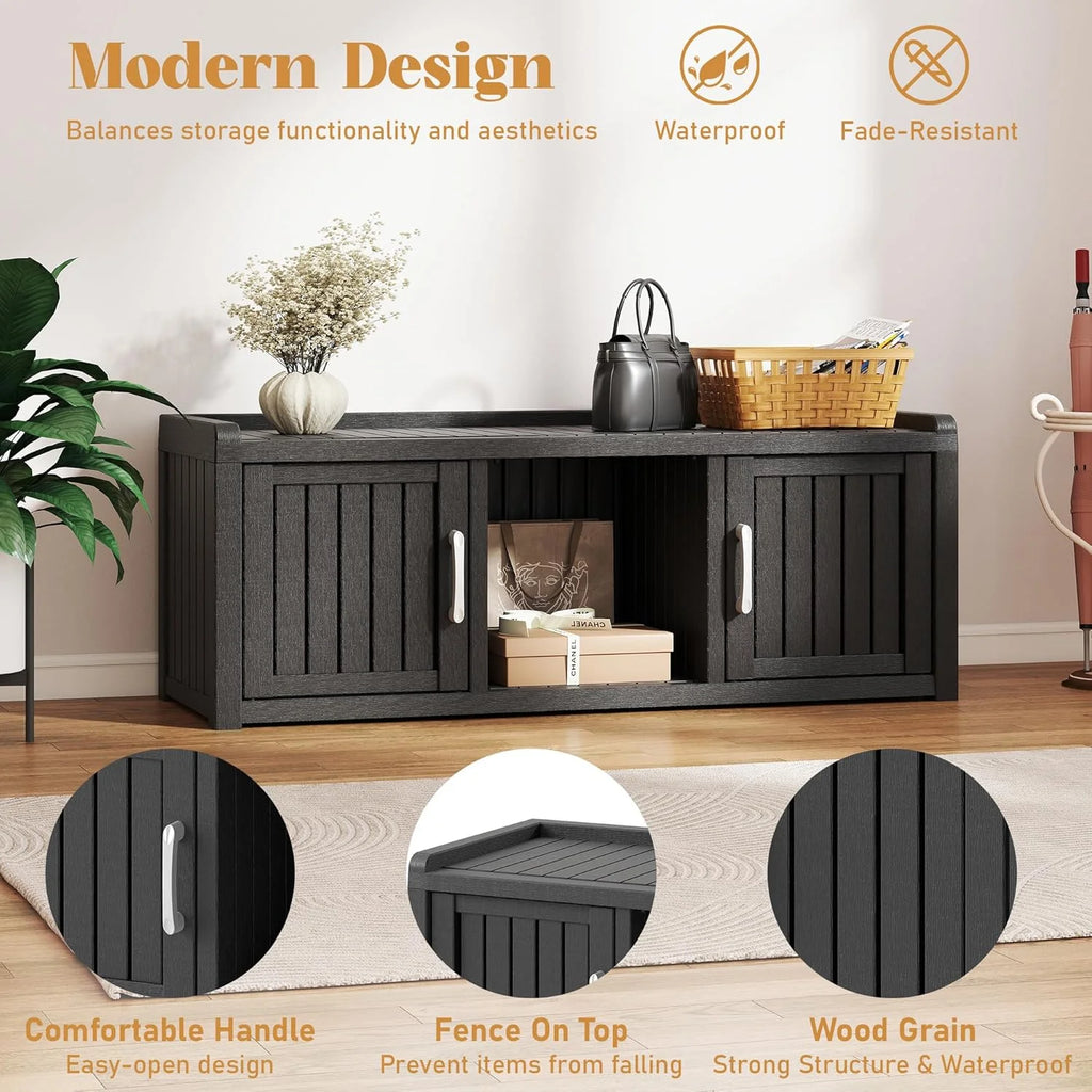 2026 KAMABOKO Outdoor Shoe Storage Cabinet, Waterproof UV-Resistant Entryway Storage Bench Indoor Outdoor with 2 Barn Doors, Adjustable Shelves for Entryway, Bedroom, Hallway,Living Room(Black)