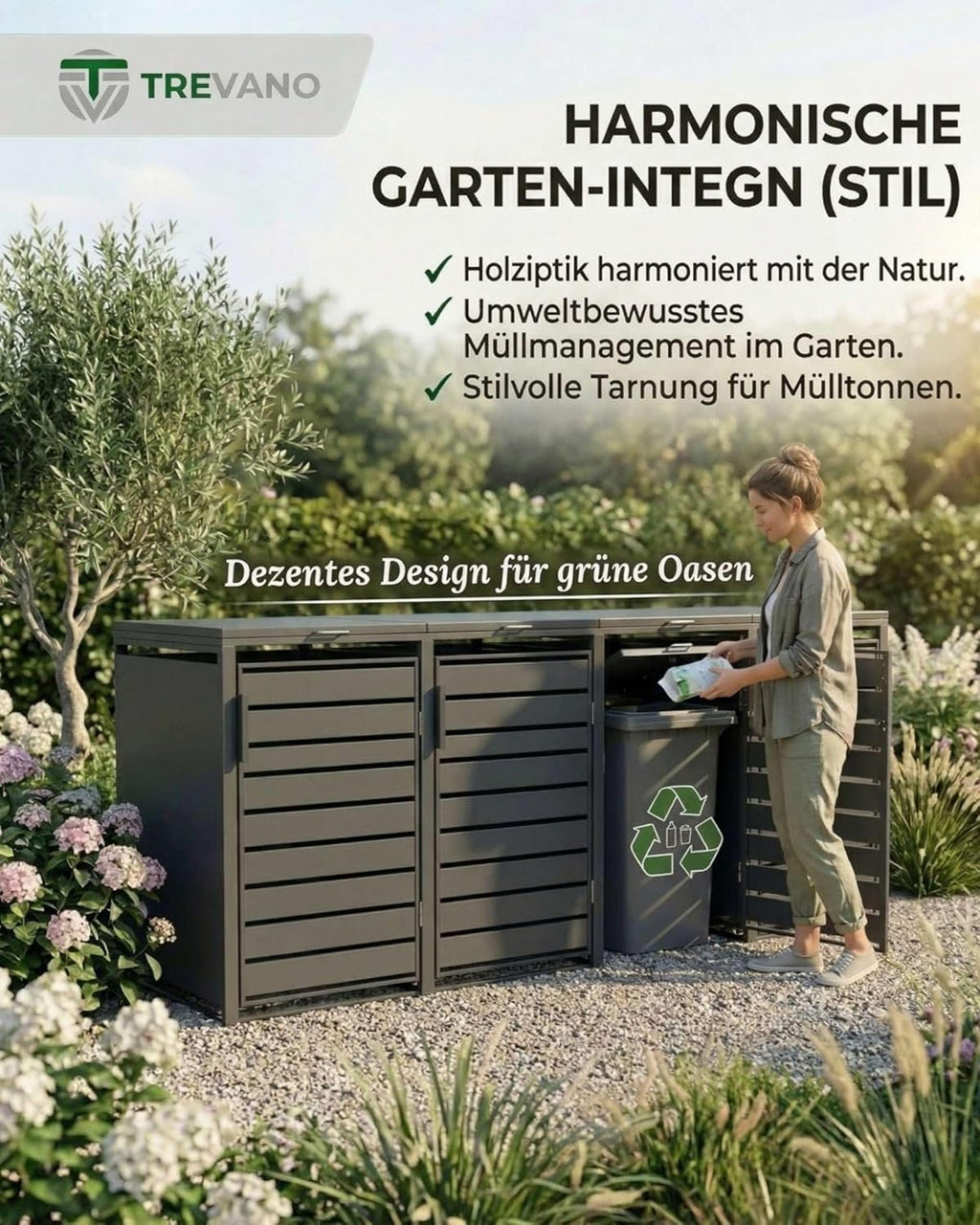 Caja para contenedores TREVANO de 3 compartimentos y 240 L (modelo 2026) – Tapa color antracita – Estructura de acero resistente – Cajas impermeables para 3 contenedores – Capacidad: 120 – 240 L
