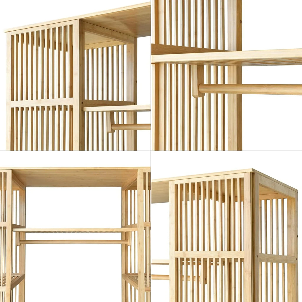 2026 Armario para Ropa con 2 Puertas Deslizantes Clóset con 12 Estantes y 1 Barra de Colgar Perchero de Bambú 185 x 140 x 45 cm Natural