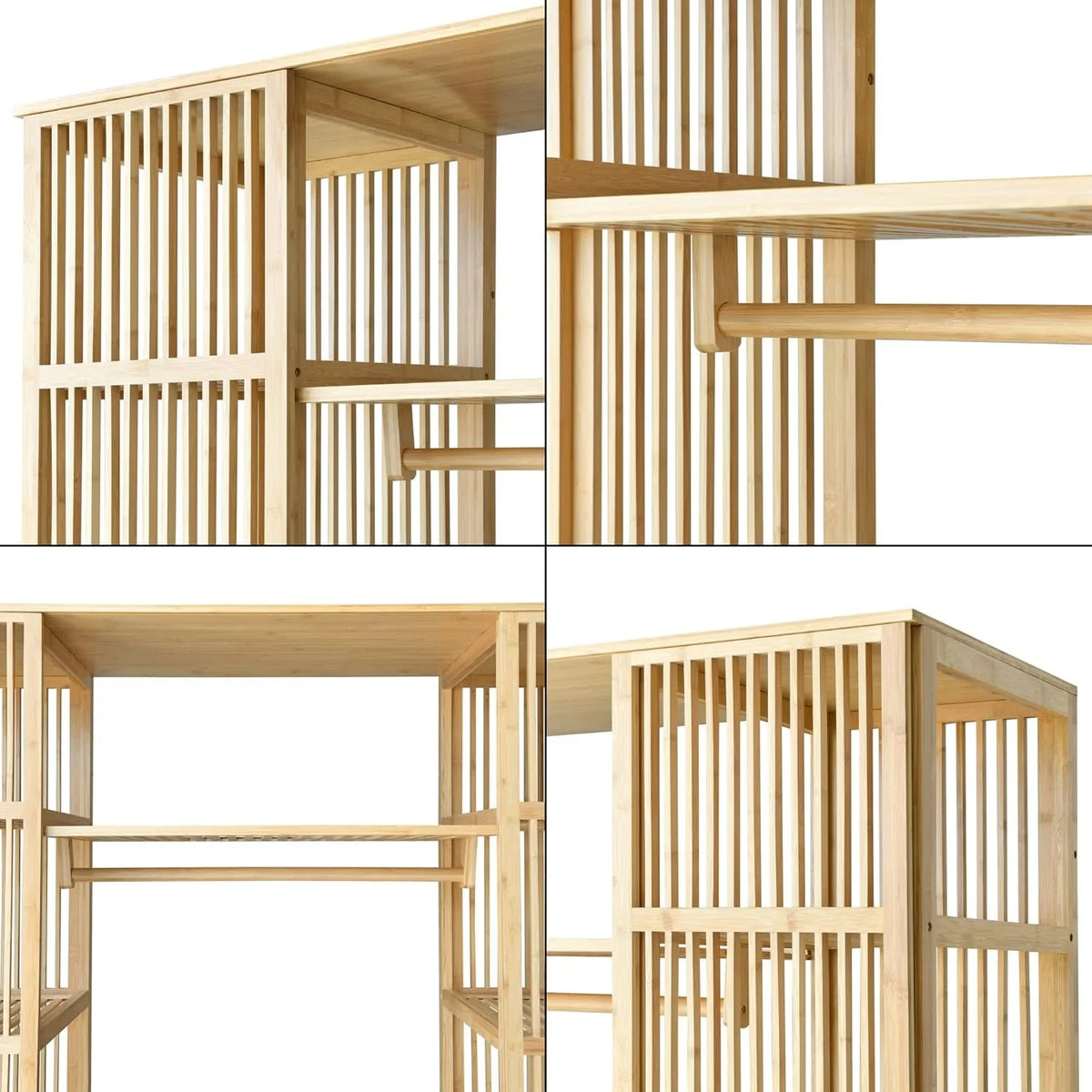 2026 Armario para Ropa con 2 Puertas Deslizantes Clóset con 12 Estantes y 1 Barra de Colgar Perchero de Bambú 185 x 140 x 45 cm Natural