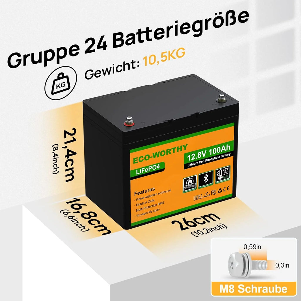 Batería de litio LiFePO4 de 12 V y 100 Ah, 1280 Wh, 12 V y 100 Ah, con certificación ECO – WORTHY (modelo 2026), Bluetooth, BMS de 100 A, protección contra bajas temperaturas y un máximo de 15 000 ciclos. Batería de 12 V y 100 Ah para autocaravanas