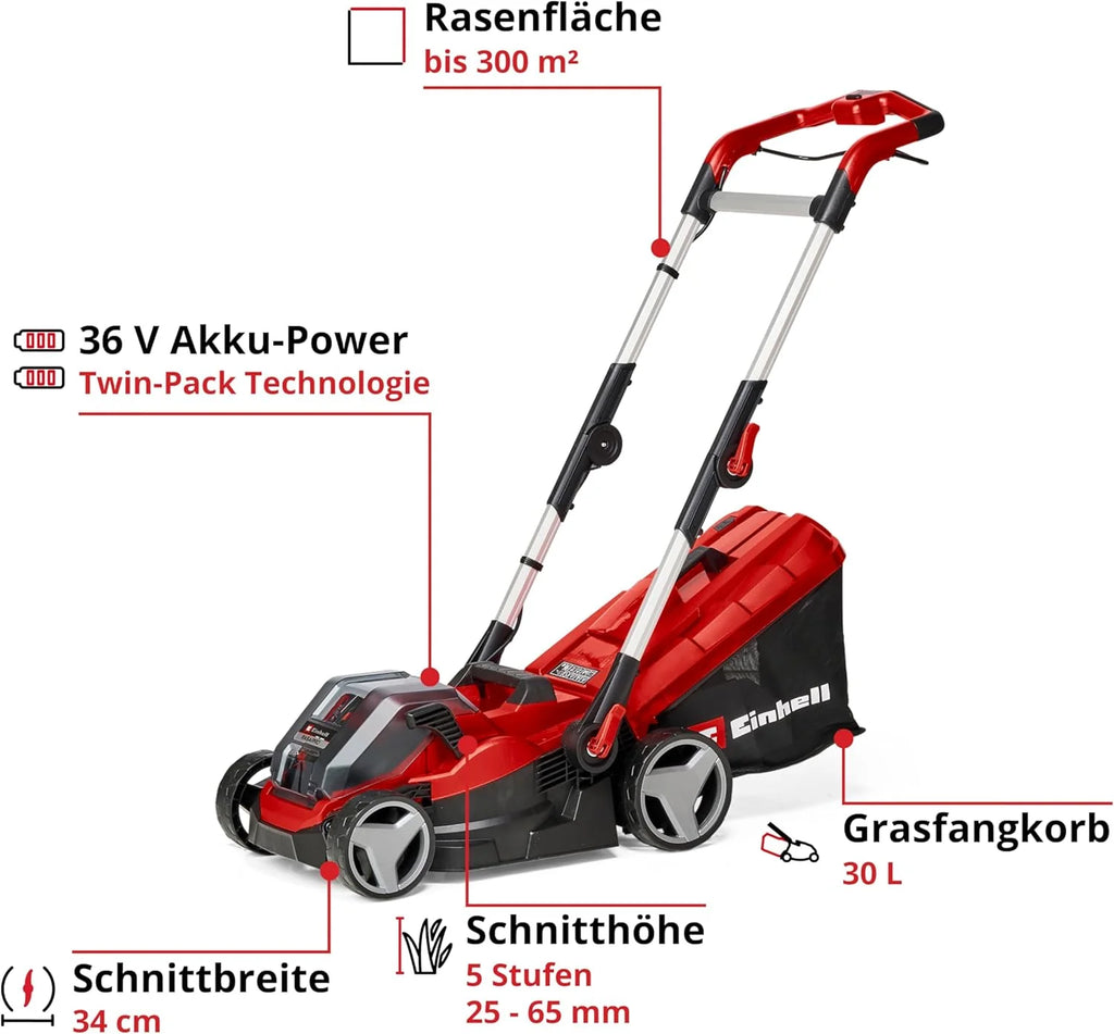 Cortacésped inalámbrico Einhell RASARRO 36/42 Kit Power X – Change 2026 (36 V, ancho de corte de 42 cm, hasta 725 m², sin escobillas, recogedor de césped de 50 L, función de mulching, incluye 2 baterías de 5,2 Ah + 1 cargador doble)