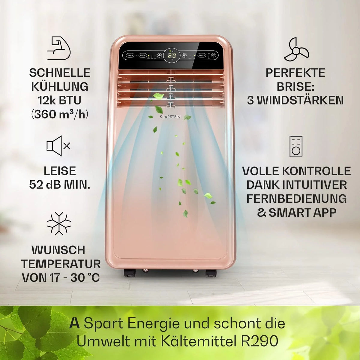 Aire acondicionado móvil Klarstein 2026 con manguera de escape, aire acondicionado 4 en 1 con ventilador, deshumidificador y modo nocturno, aire acondicionado pequeño y portátil para el hogar y la oficina, control por aplicación, 12000 BTU.