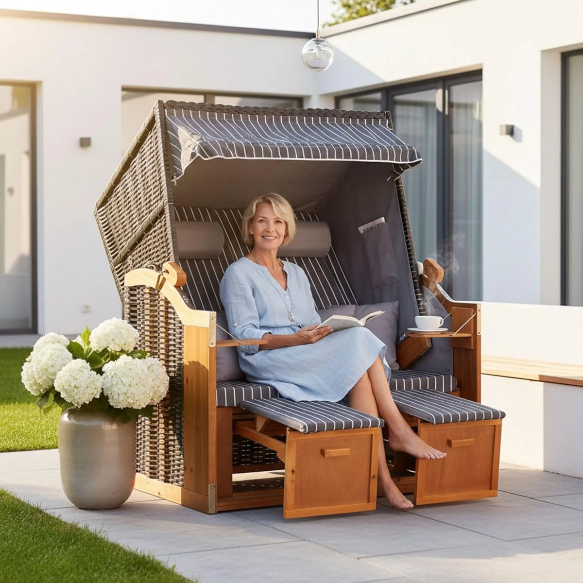 Silla de playa Baltic Sea 2026 Juniper PE negra (diseño gris real) | Silla de playa de 2 plazas resistente a la intemperie | Silla reclinable de dos plazas de madera maciza | Sillas de playa para balcón | Silla de playa para jardín