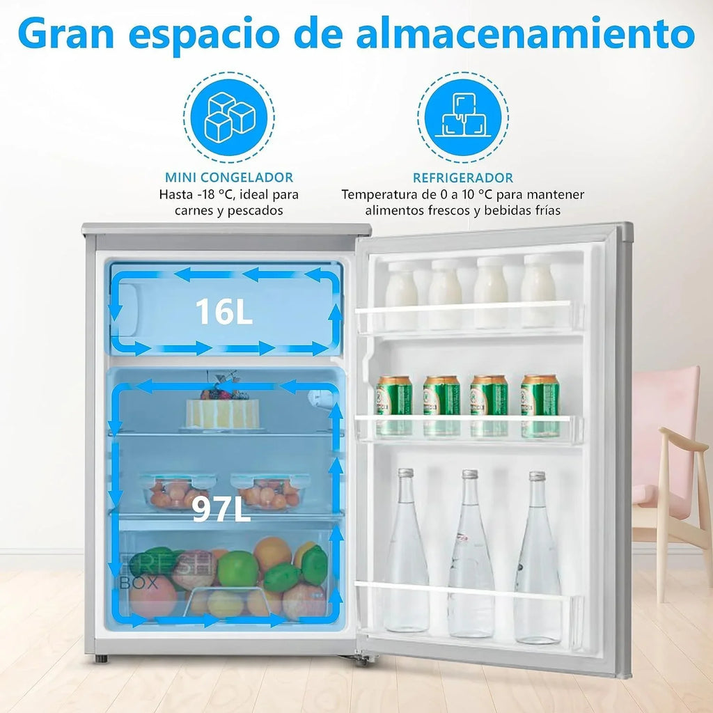 2026 Midea Nevera pequeña 113L con Congelador – Mini frigorífico pequeño para la Habitación/Caravana/Camping – Mini Bar Bajo Consumo – Frigorifico Bajo Encimera Silencioso 39dB + Congelador – 16º/ – 24º