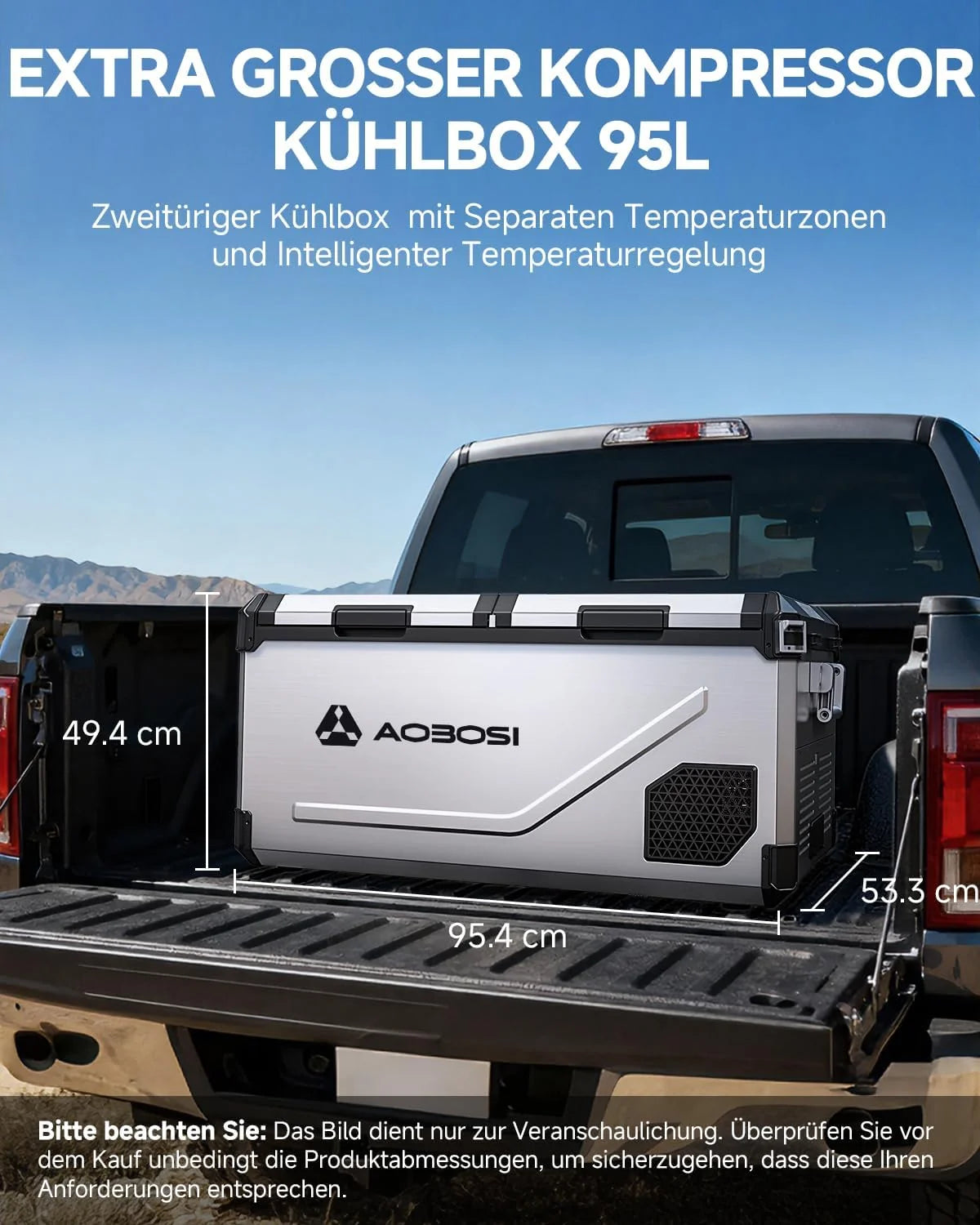 Nevera portátil con compresor AAOBOSI de 95 litros, doble zona, hasta – 20 ℃ (modelo 2026). Carcasa de acero inoxidable e interior de aluminio. Alimentación: 12/24 V CC y 230 V CA. Ideal para coches, barcos, acampadas y conducción todoterreno.