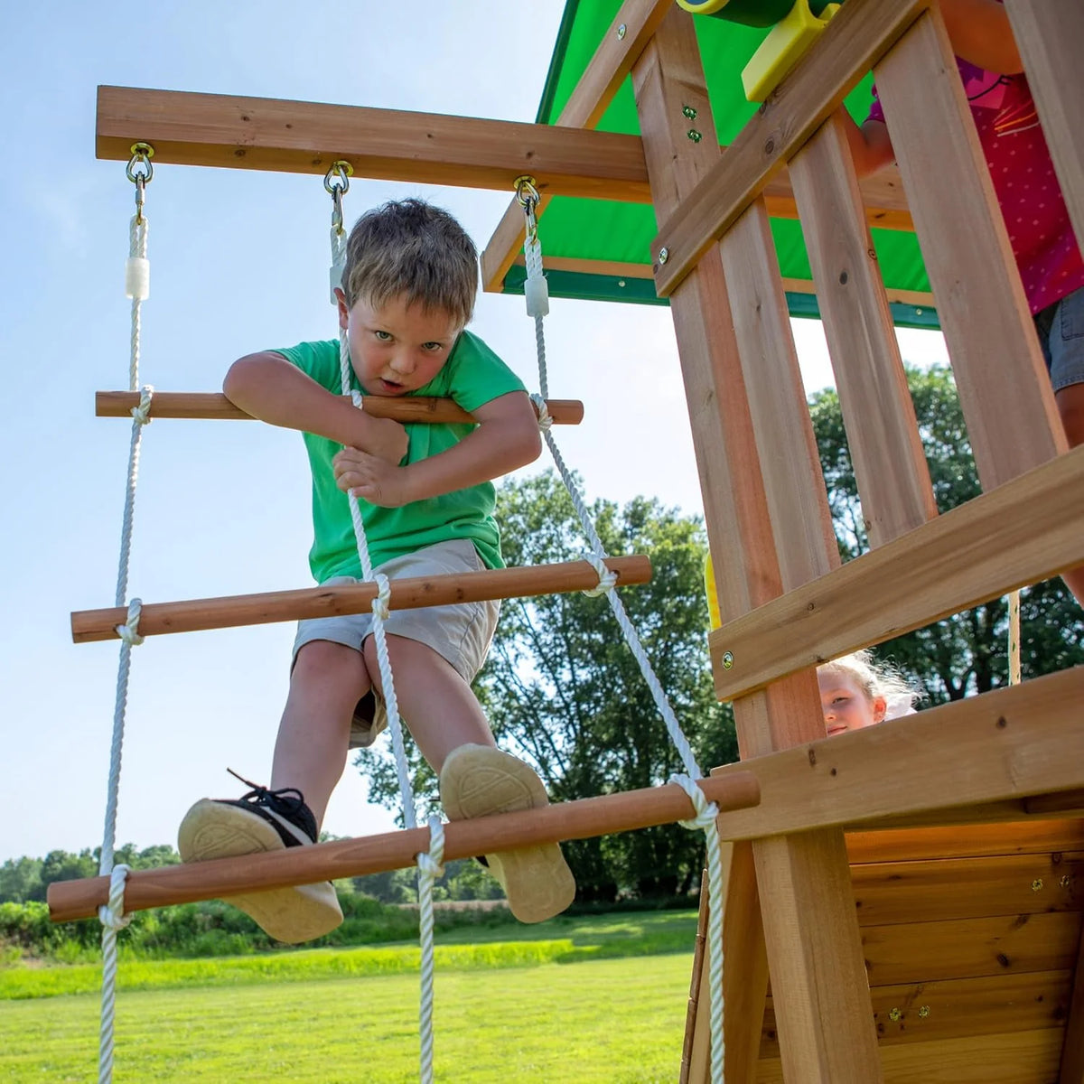 2026 Mount Mckinley Cedar Wood Swing Set with Wave Slide, Play Deck, Double Rock Wall, Rope Ladder, Web Swing, Belt Swings, Toy Telescope,…