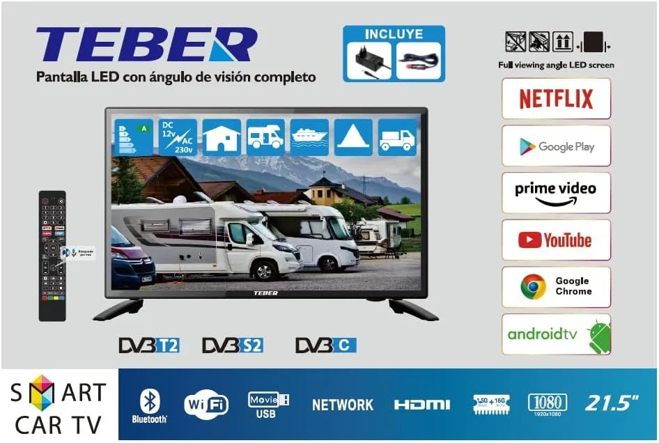 2026 Televisor Smart TV de 22 Pulgadas. con Adaptador de 12v y 230v. Android. Full HD. DVB – S2/C/T2/T. para autocaravanas, Campers, viviendas, caravanas, Barcos. (22 Pulgadas)