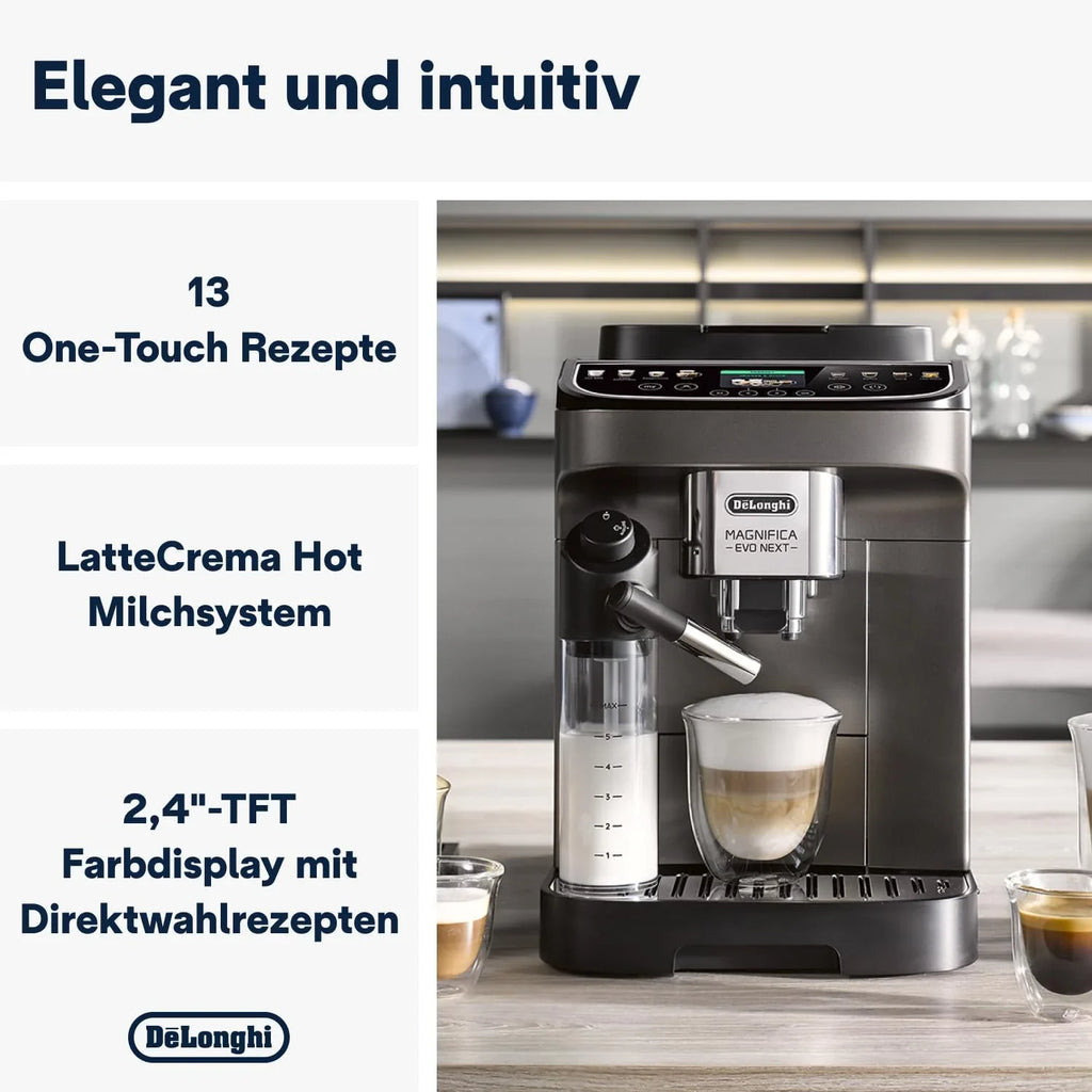 Cafetera automática De'Longhi Magnifica Evo ECAM 292.81.B (modelo 2026) con sistema de leche LatteCrema, 7 botones de selección directa para capuchino, espresso y otras especialidades de café, función para 2 tazas, color negro.