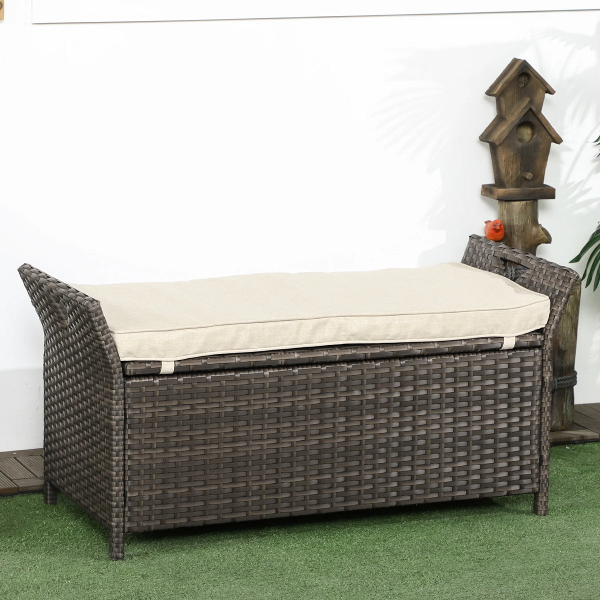 2026 DUOSONG Outsunny 27 Gallon Patio Wicker Storage Bench, Outdoor Pe Rattan Patio Furniture, 2-In-1 Large Capacity Rectangle Garden Storage Box With Handles And Cushion, Cream White Brown+White Steel