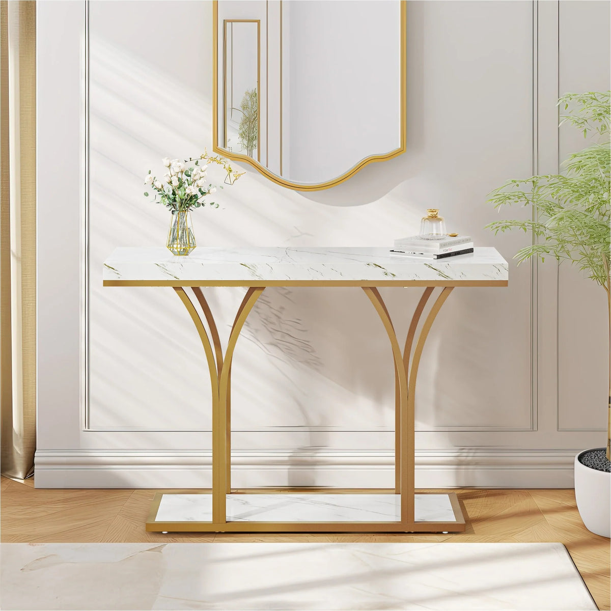 2026 Modern Gold Console Table with Marbled Top, Sofa Table for Entryway and Hallway