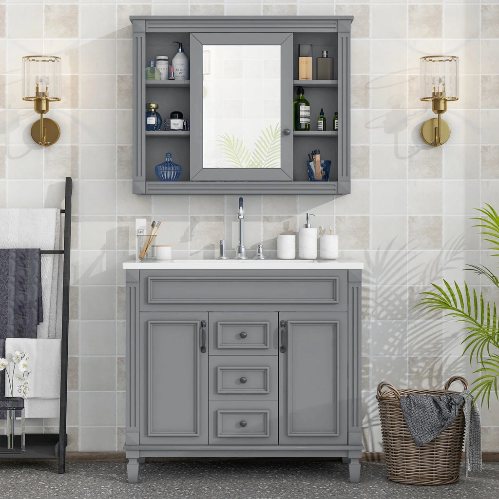 2026 Modern Bathroom Furniture Set, 36" Bathroom Vanity with Top Sink, 35" Wall Mounted Bathroom Storage Cabinet, Mirror Cabinet with 6 Shelves, Storage Cabinet with 2 Doors and 2 Drawers, Grey