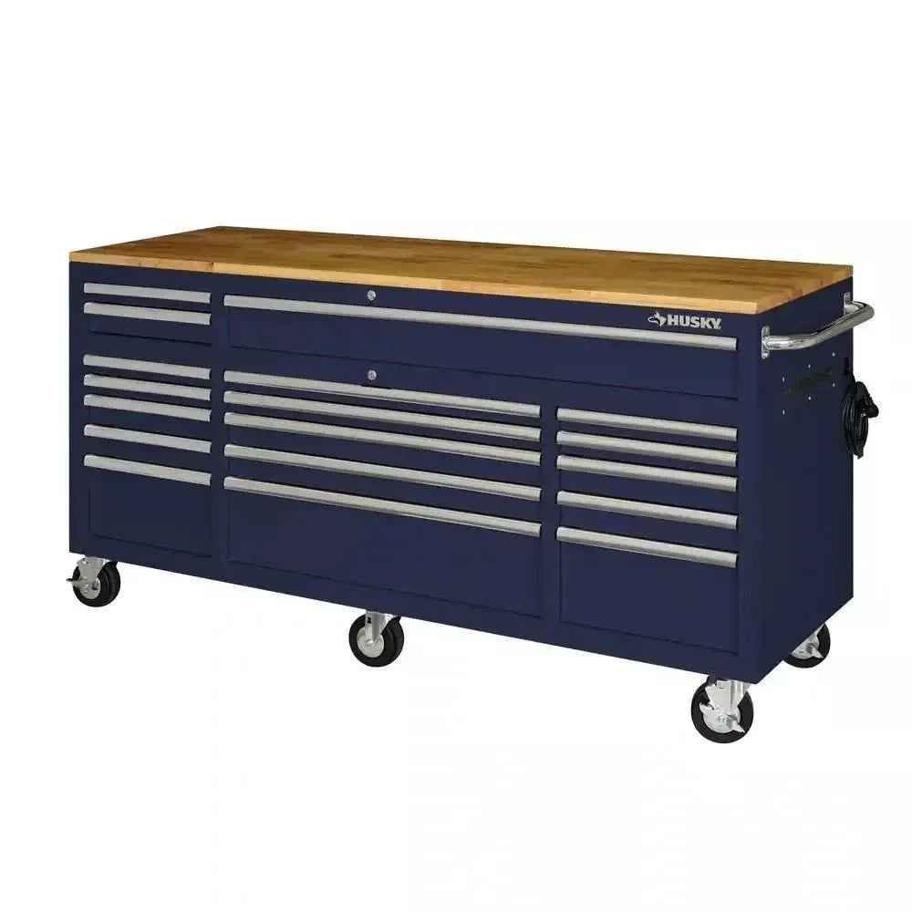 2026 Husky 72 in. 18-Drawer Mobile Workbench with Solid Wood Top in Gloss Blue