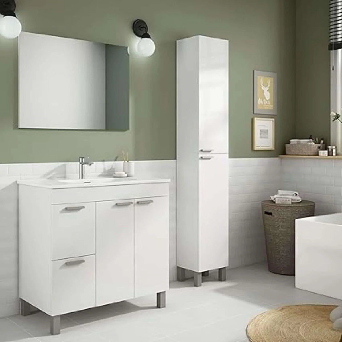 2026 Mueble de Baño Sabela Estilo Contemporáneo en Color Blanco Brillo con 2 Cajones y 2 Puertas 80x80x45 cm (Lavabo PMMA)