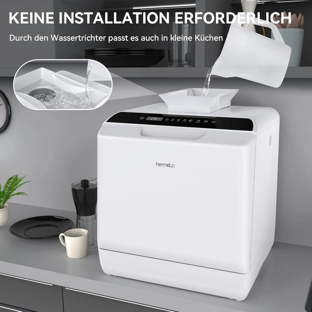 Lavavajillas mini Hermitlux 2026, lavavajillas para 4 juegos de cubiertos, depósito de agua de 5 litros, 6 programas, mini lavavajillas de sobremesa, perfecto para apartamentos, residencias de estudiantes y camping, color blanco.